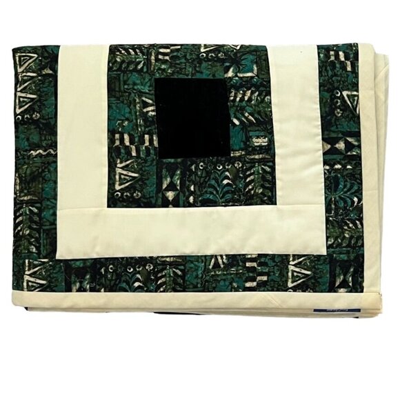 Handmade Green and White Patchwork Quilt Throw Geometric Pattern 38" x 54" - Picture 12 of 16